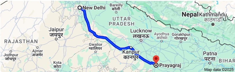 Distance of Delhi to Prayagraj