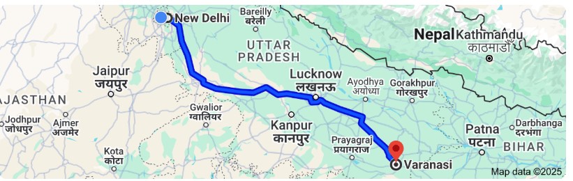 Distance of Delhi to Varanasi